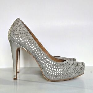 BCBG Paris 'Perdra' gray suede pointed toe perforated platform heels 9B